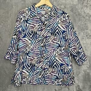 Chico's Shirt Womens Large Purple Blue Linen Button Front Abstract 3/4 Sleeve